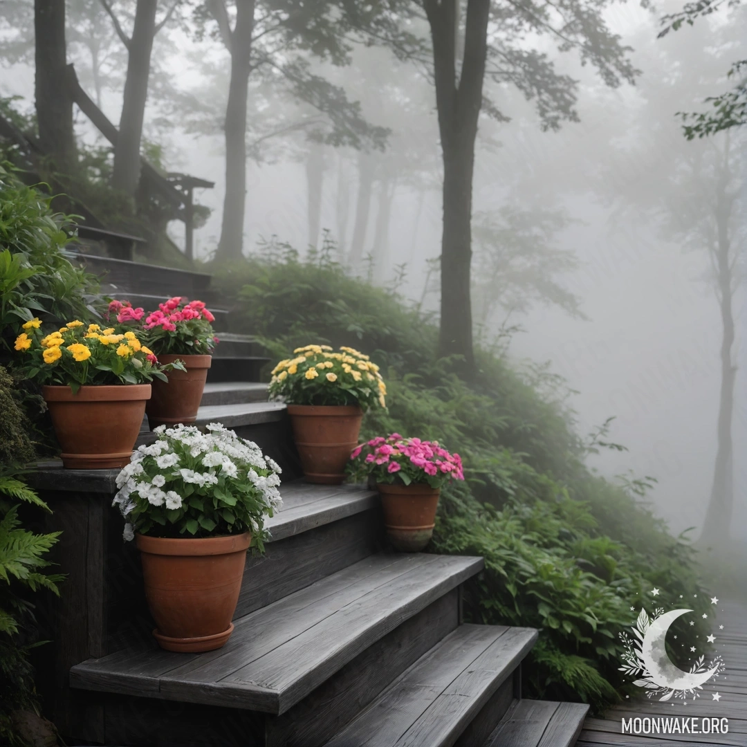 Деревянная лестница, украшенная цветочными горшками в густом тумане.