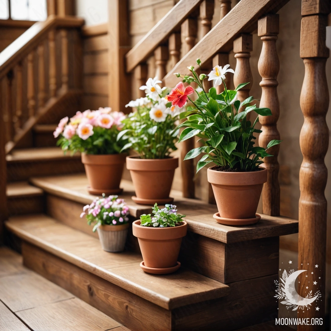 Деревянная лестница, украшенная цветочными горшками, создающая романтическую атмосферу.