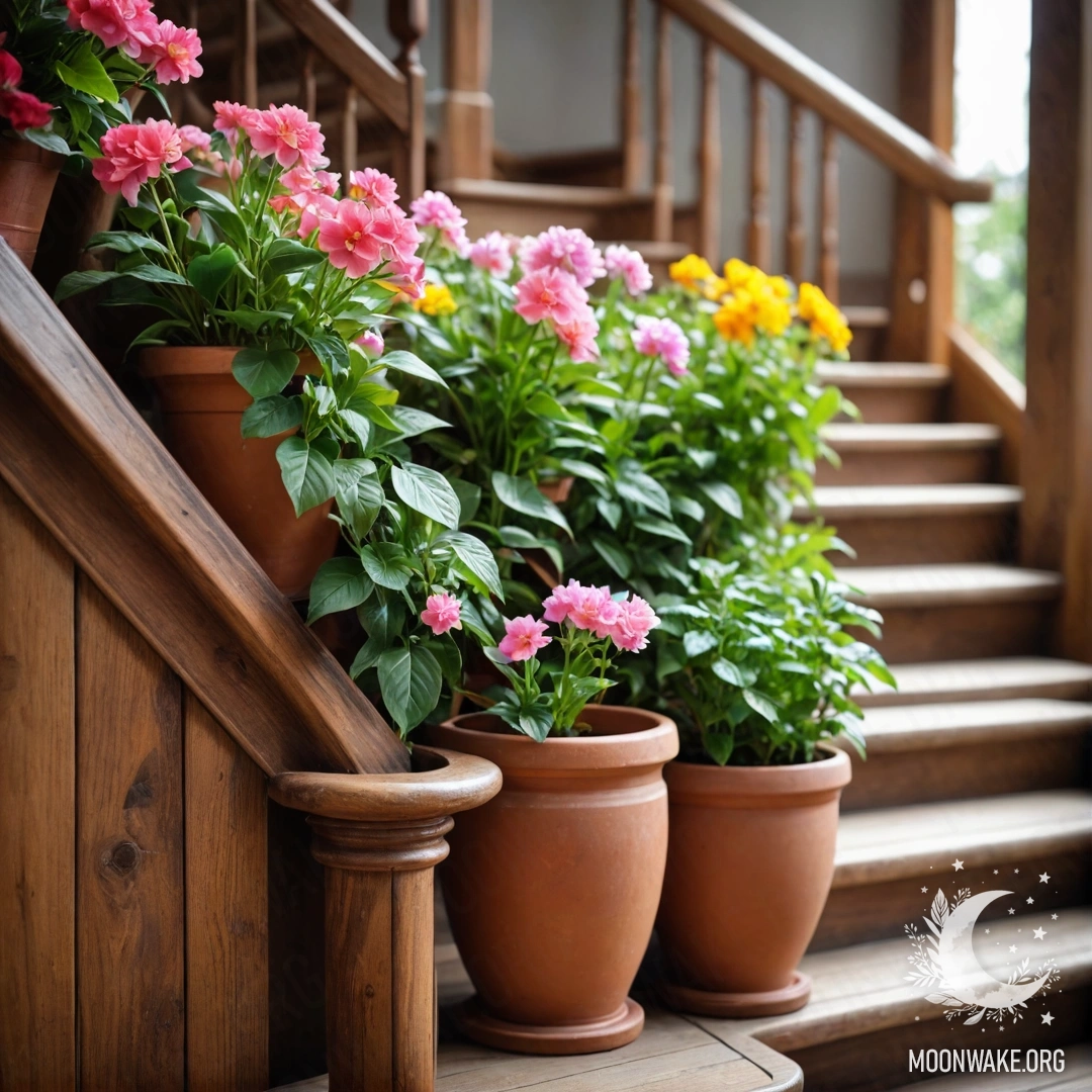 Деревянная лестница, украшенная цветочными горшками, создающая романтическую атмосферу.