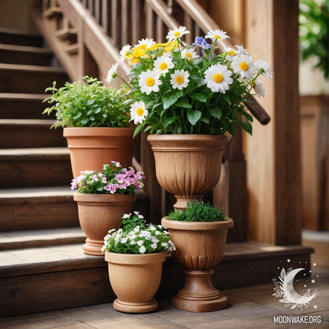 Деревянная лестница, украшенная цветочными горшками и мягким освещением.