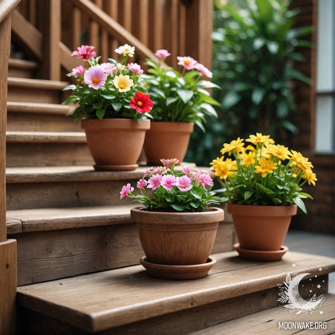 Романтическая деревянная лестница, украшенная цветочными горшками с линзами.