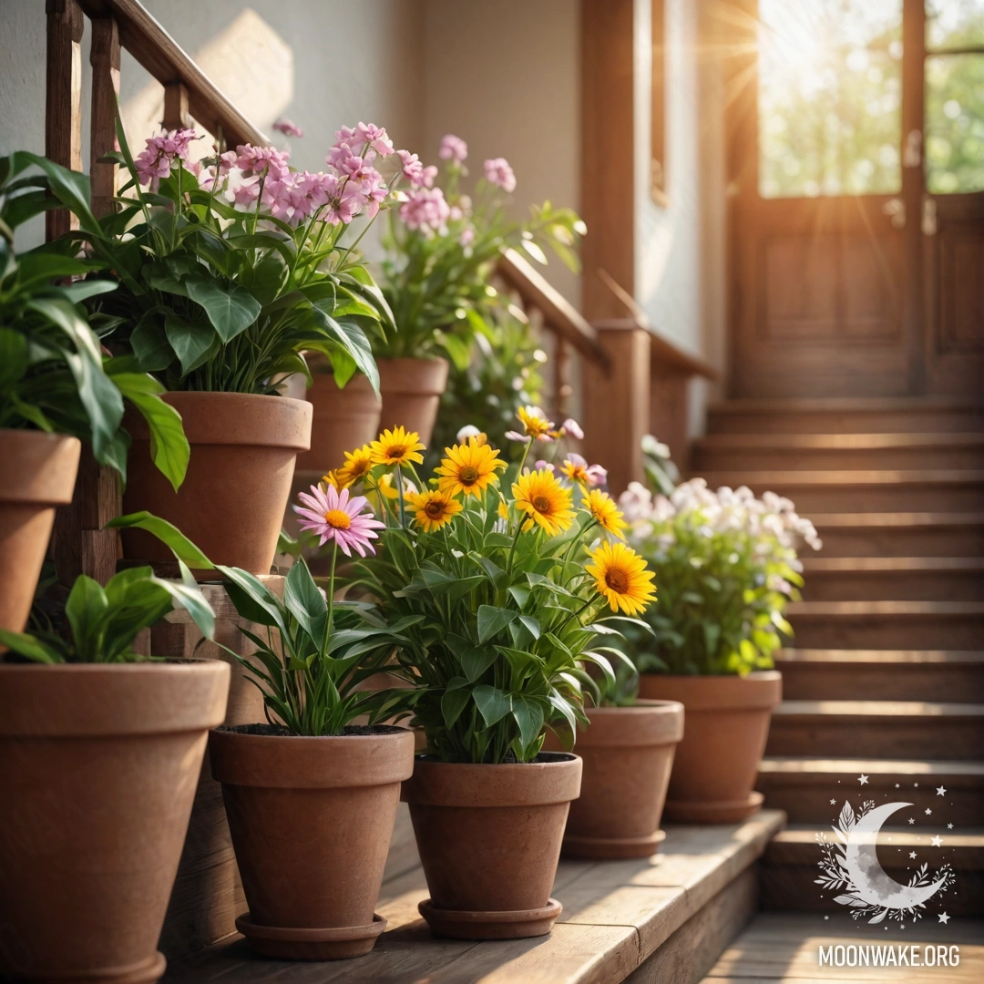 Деревянная лестница, украшенная горшками с цветами, залитая солнечными лучами.