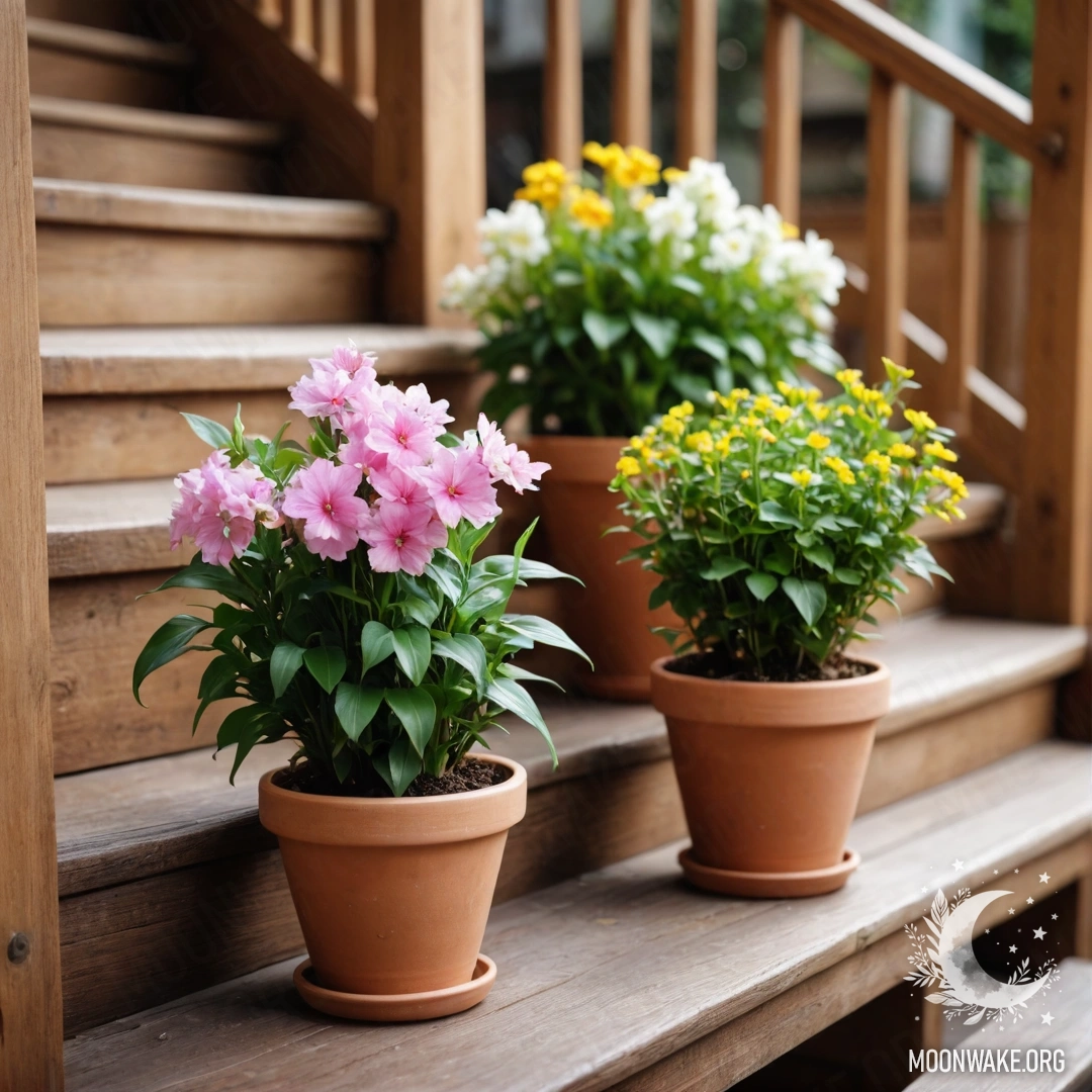 Деревянная лестница, украшенная цветочными горшками с пышными растениями.