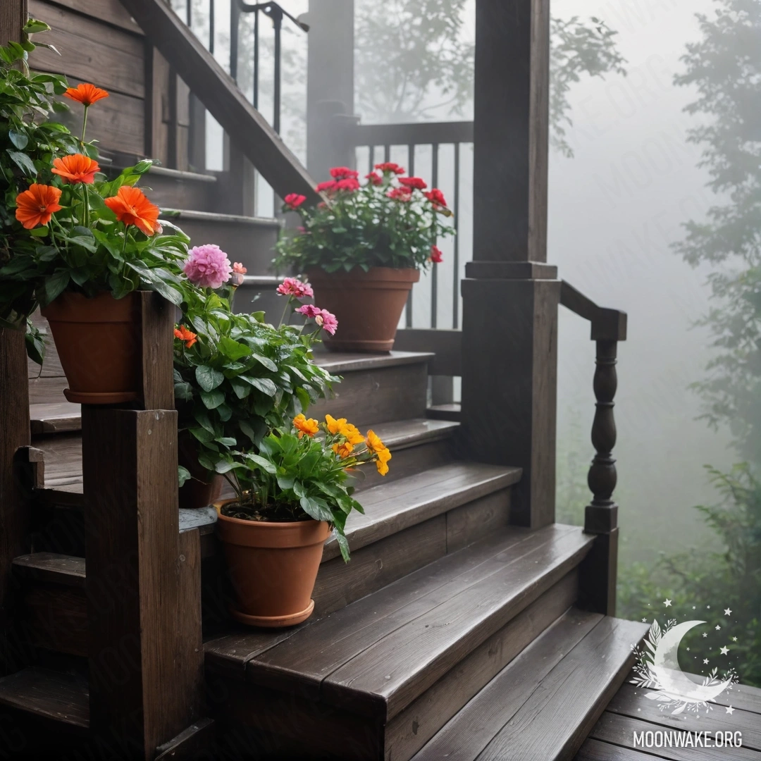 Деревянная лестница, украшенная цветочными горшками, окутанная густым туманом.