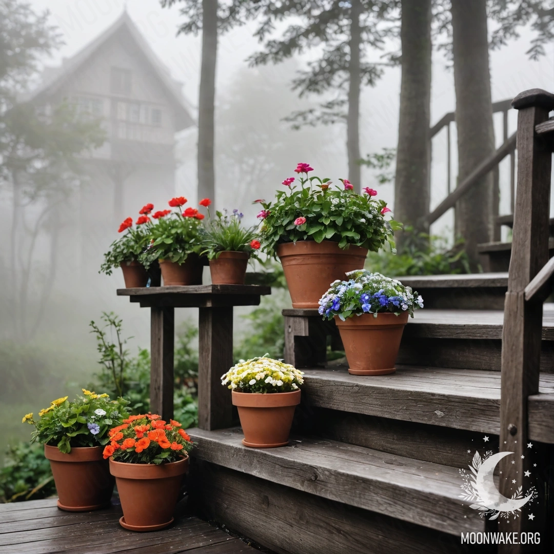 Деревянная лестница, украшенная горшками с цветами, окруженная густым туманом.
