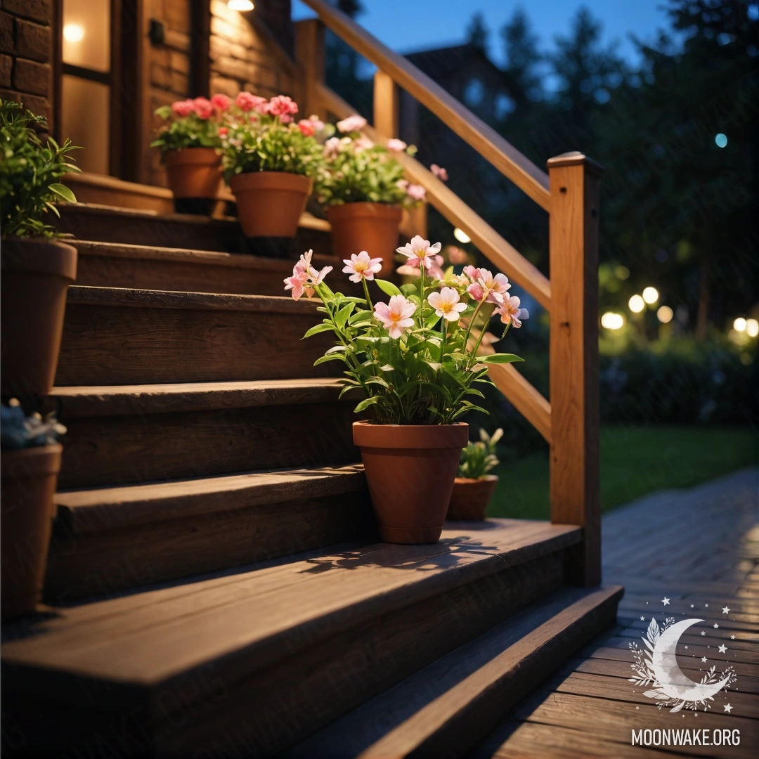 Деревянная лестница с цветочными горшками, создающая романтичную атмосферу ночью.