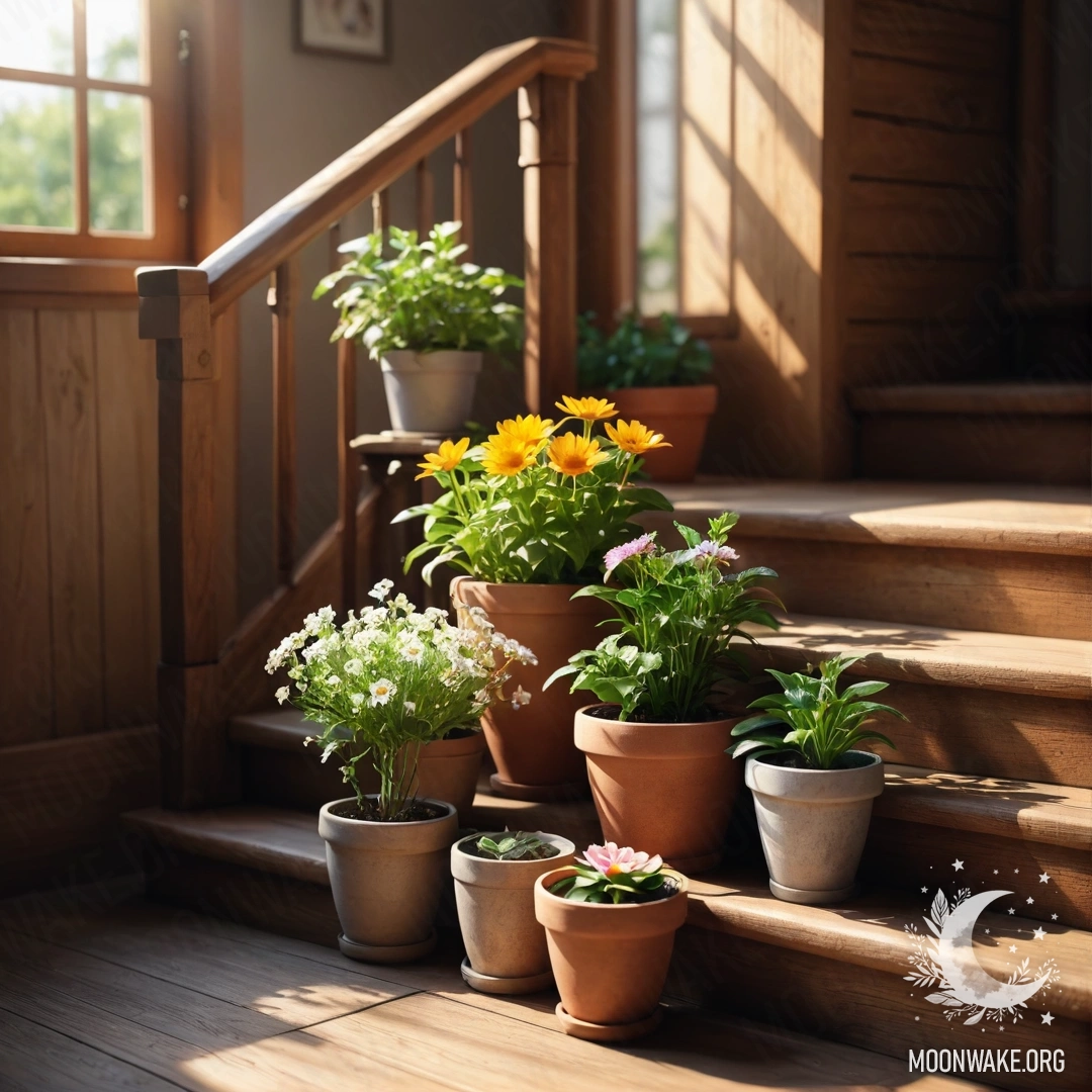 Деревянная лестница, украшенная цветочными горшками, залитая солнечными лучами.