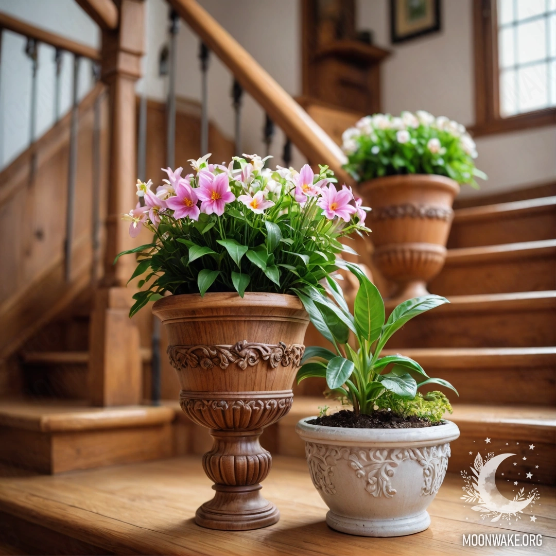 Романтическая деревянная лестница, украшенная цветочными горшками с яркими цветами.