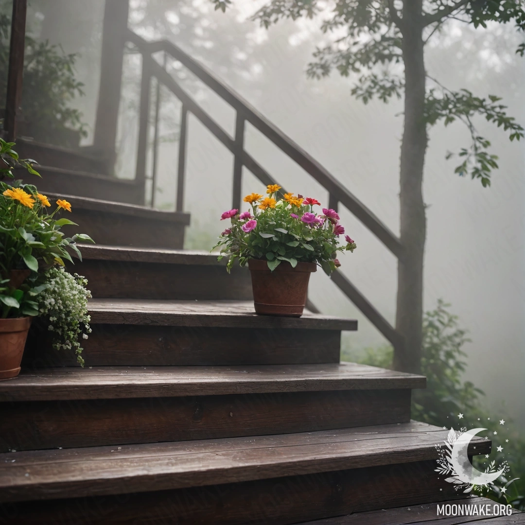 Деревянная лестница, украшенная цветочными горшками, окутанная густым туманом.