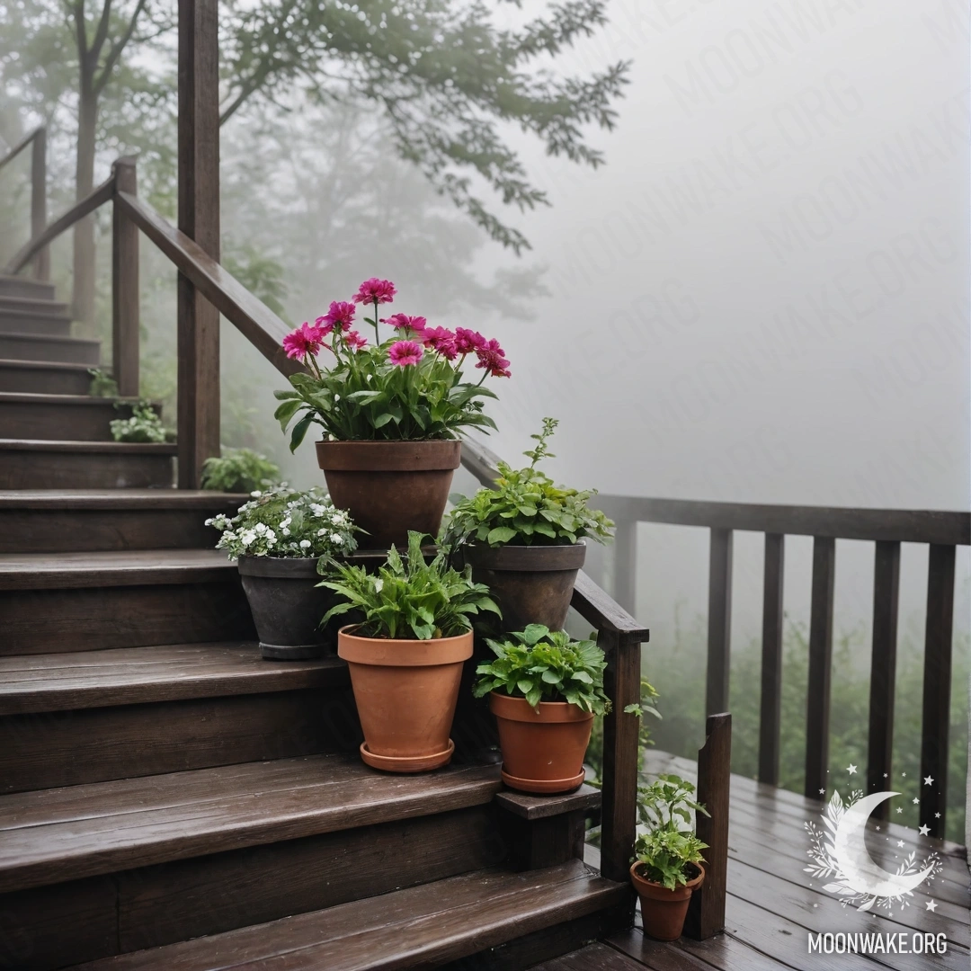 Спокойная картина с цветочными горшками на деревянной лестнице, окутанной плотным туманом.