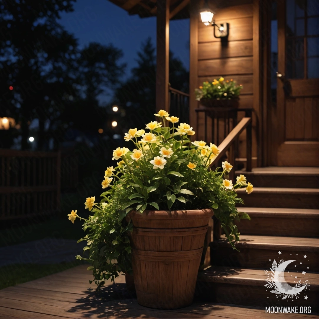 Деревянная лестница, украшенная цветочными горшками под ночным небом.