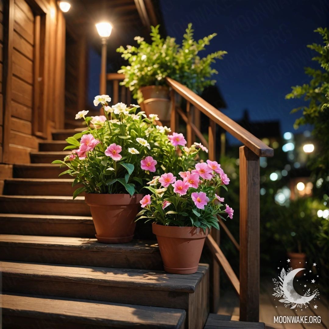 Деревянная лестница, украшенная цветочными горшками ночное время.