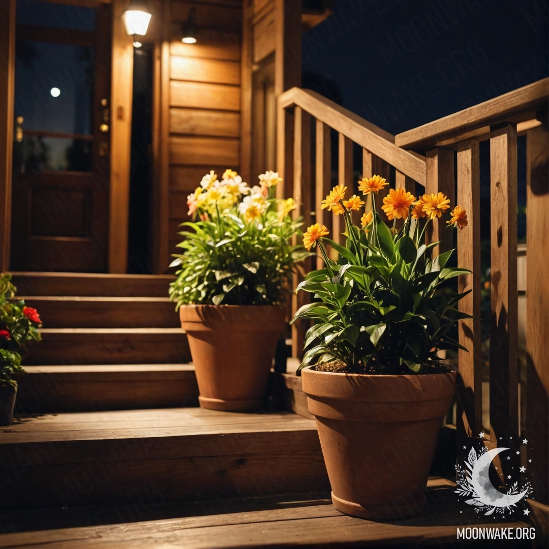 Деревянная лестница, украшенная цветочными горшками в ночном обрамлении.