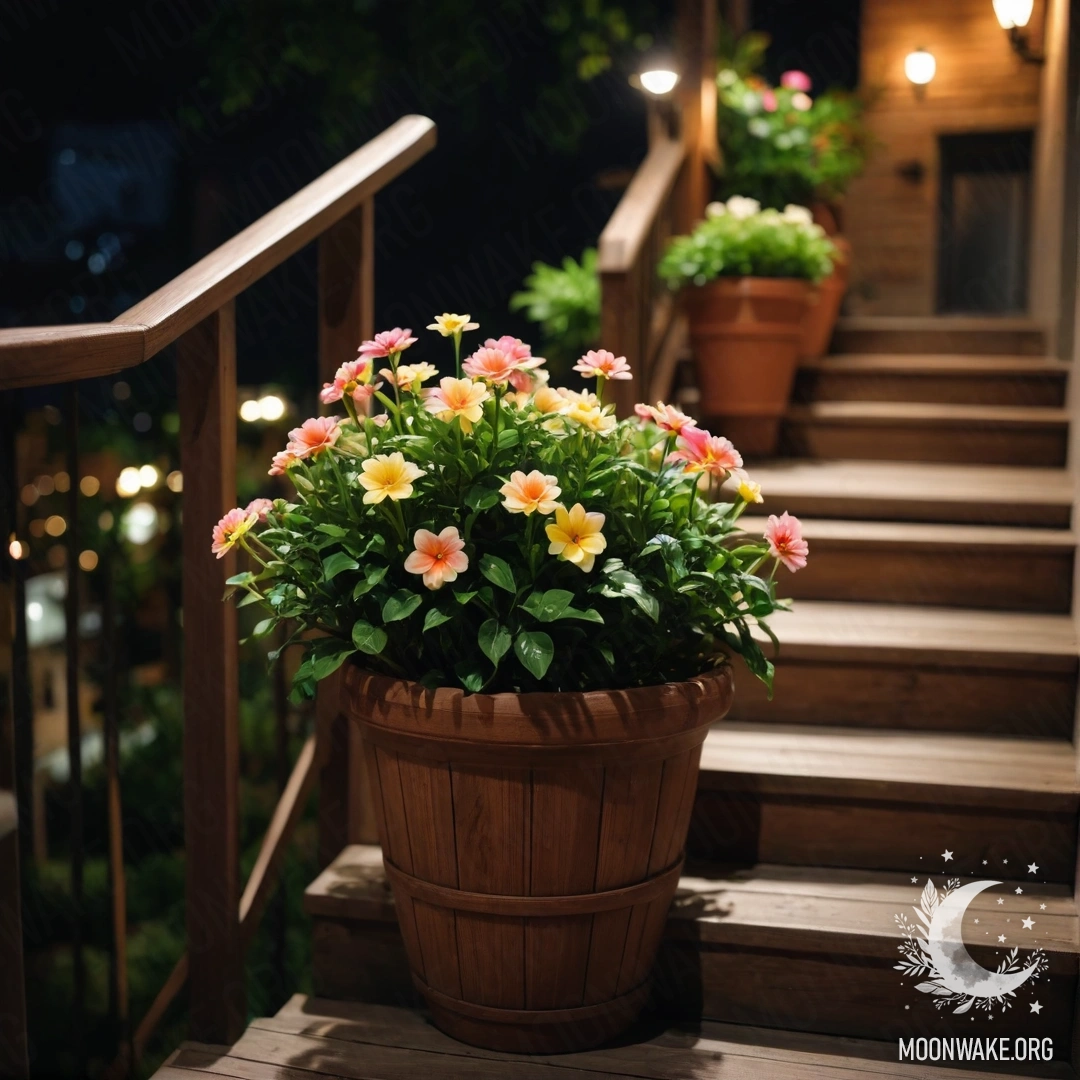 Деревянная лестница, украшенная цветочными горшками под ночным небом.