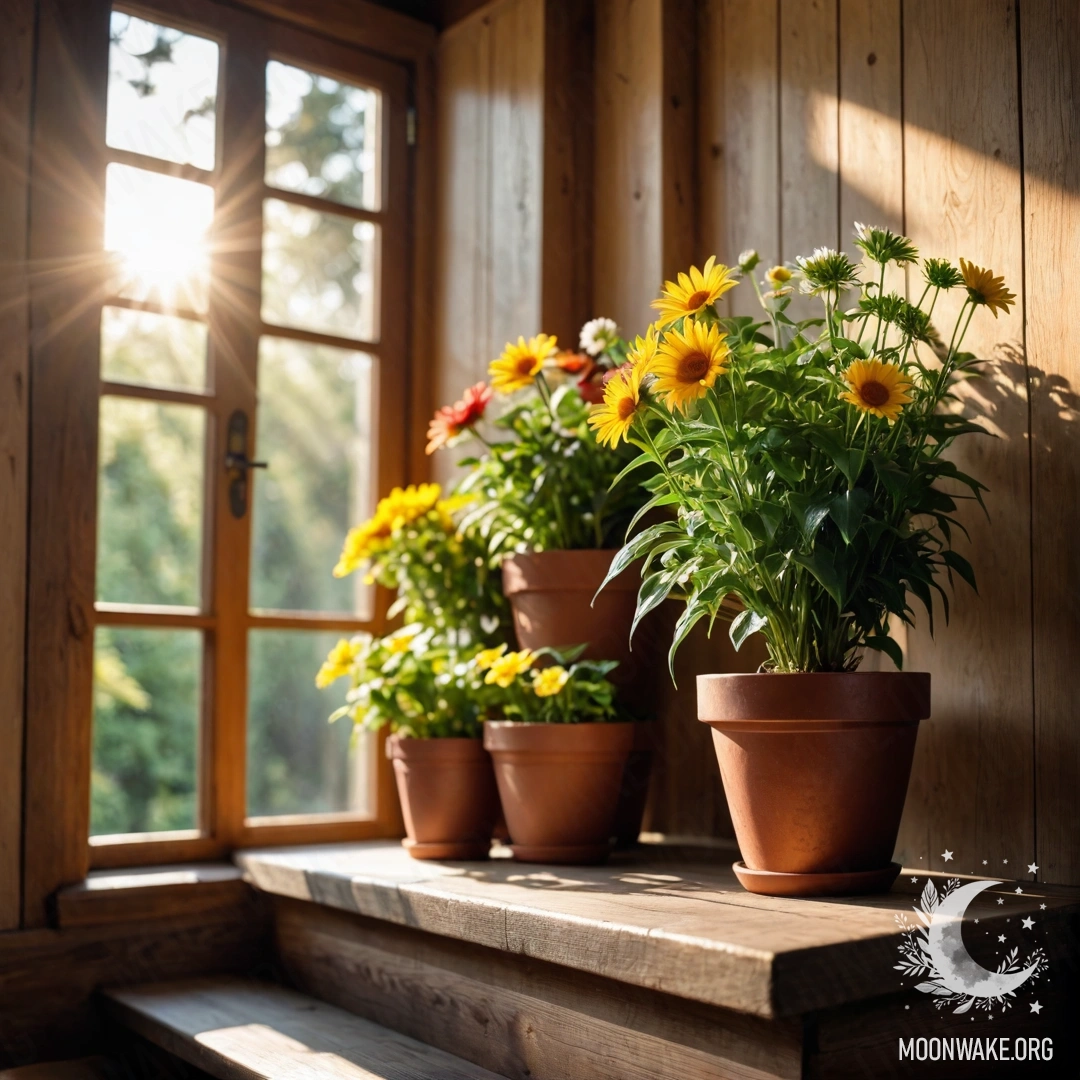 Романтическая деревянная лестница, украшенная цветочными горшками, залитыми солнечными лучами.