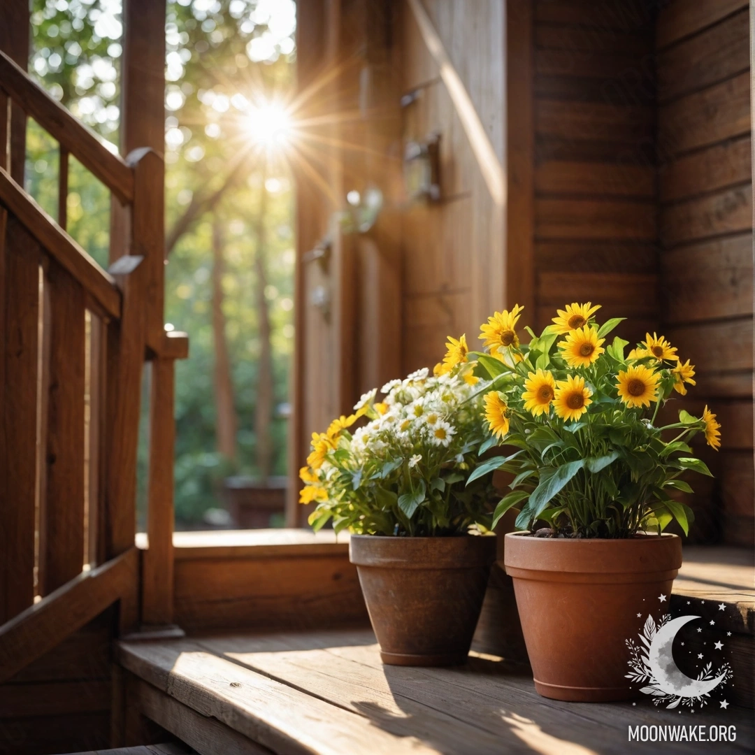 Деревянная лестница, украшенная цветочными горшками, купающимися в солнечном свете.