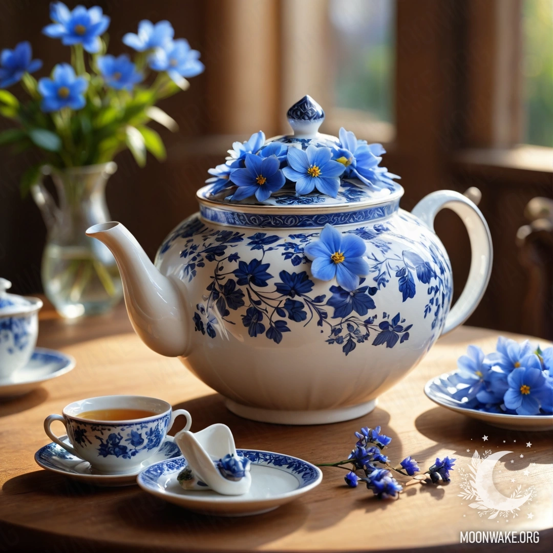Круглый деревянный стол, украшенный фарфоровым чайником с голубыми цветами, освещённый мягкими солнечными лучами.