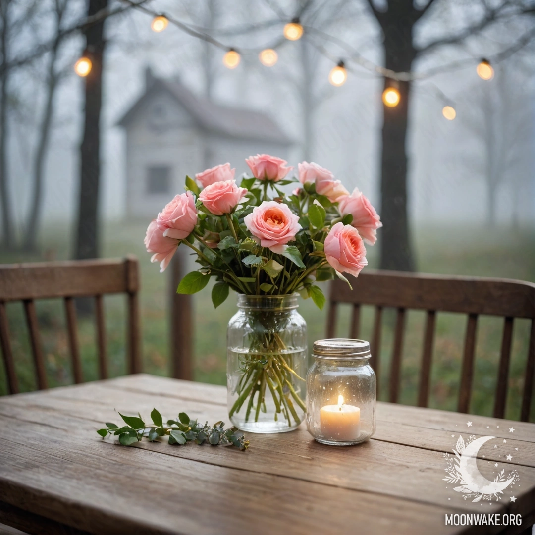 Старый деревянный стол с банкой цветов на фоне с размытым светом.