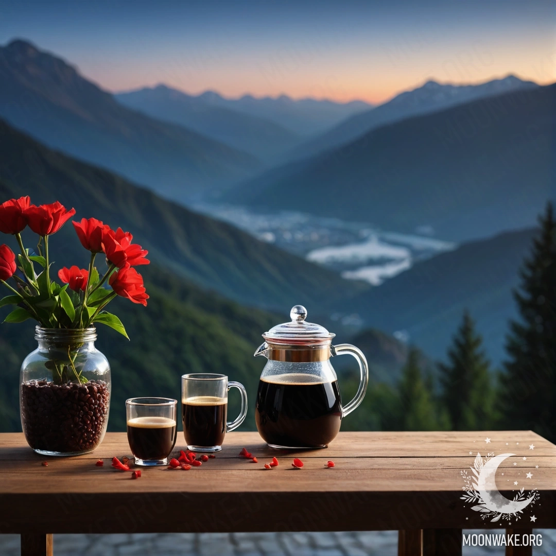 Деревянный стол с красными цветами, кофейником и чашками на фоне гор ночью.