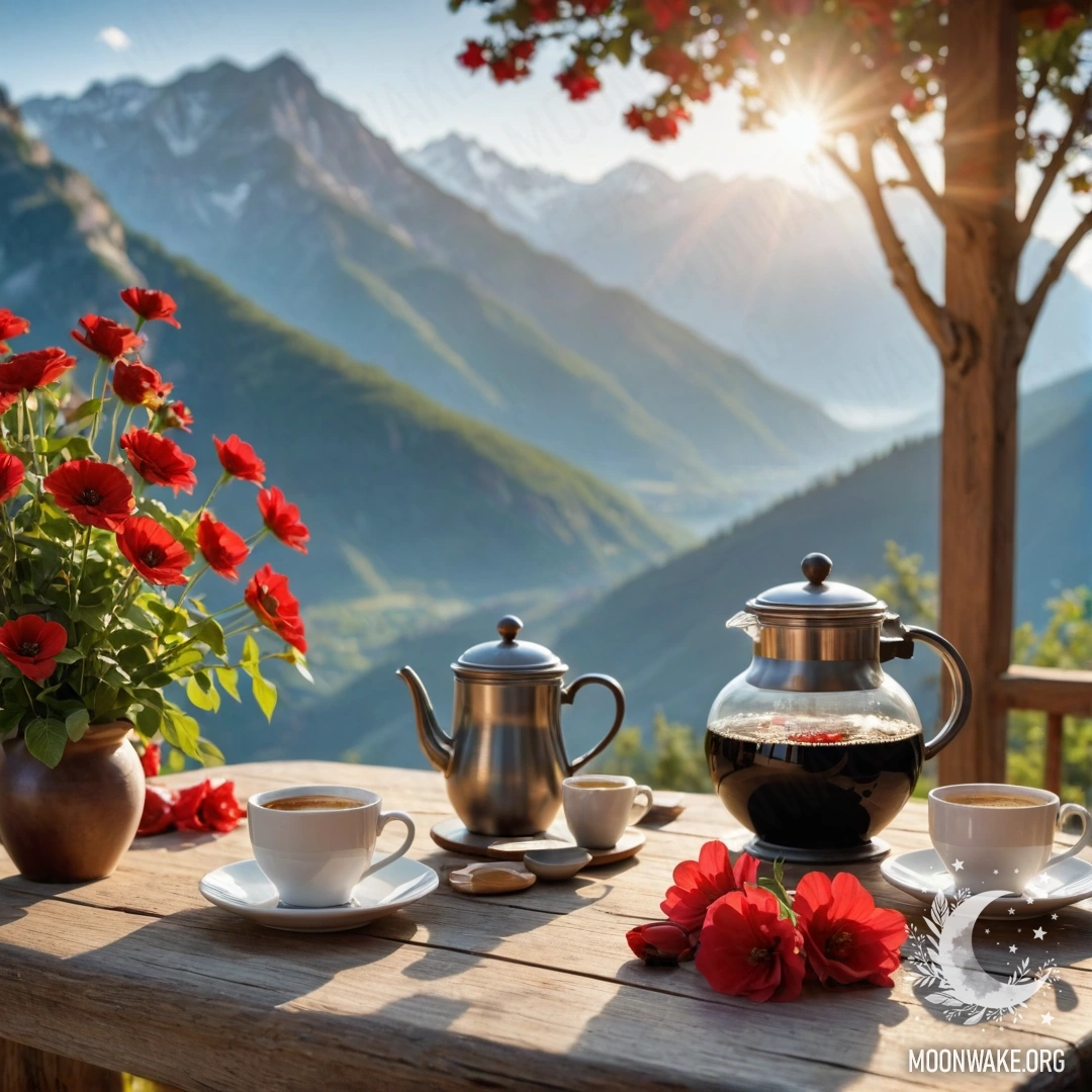 Рустикальный деревянный стол, украшенный банкой с красными цветами и кофейником на фоне гор, залитый теплыми солнечными лучами.