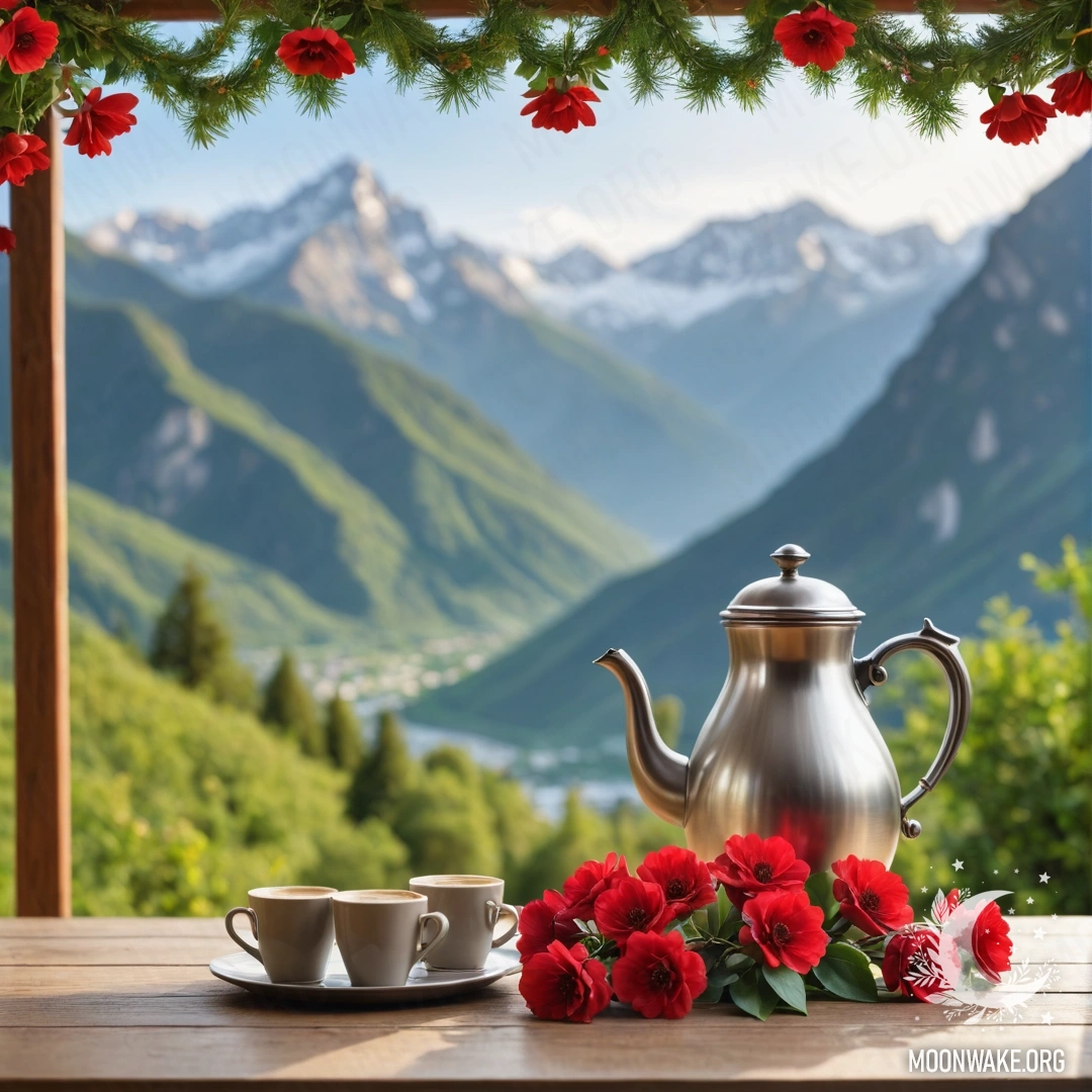 Деревянный стол с красными цветами и кофейником на фоне гор.