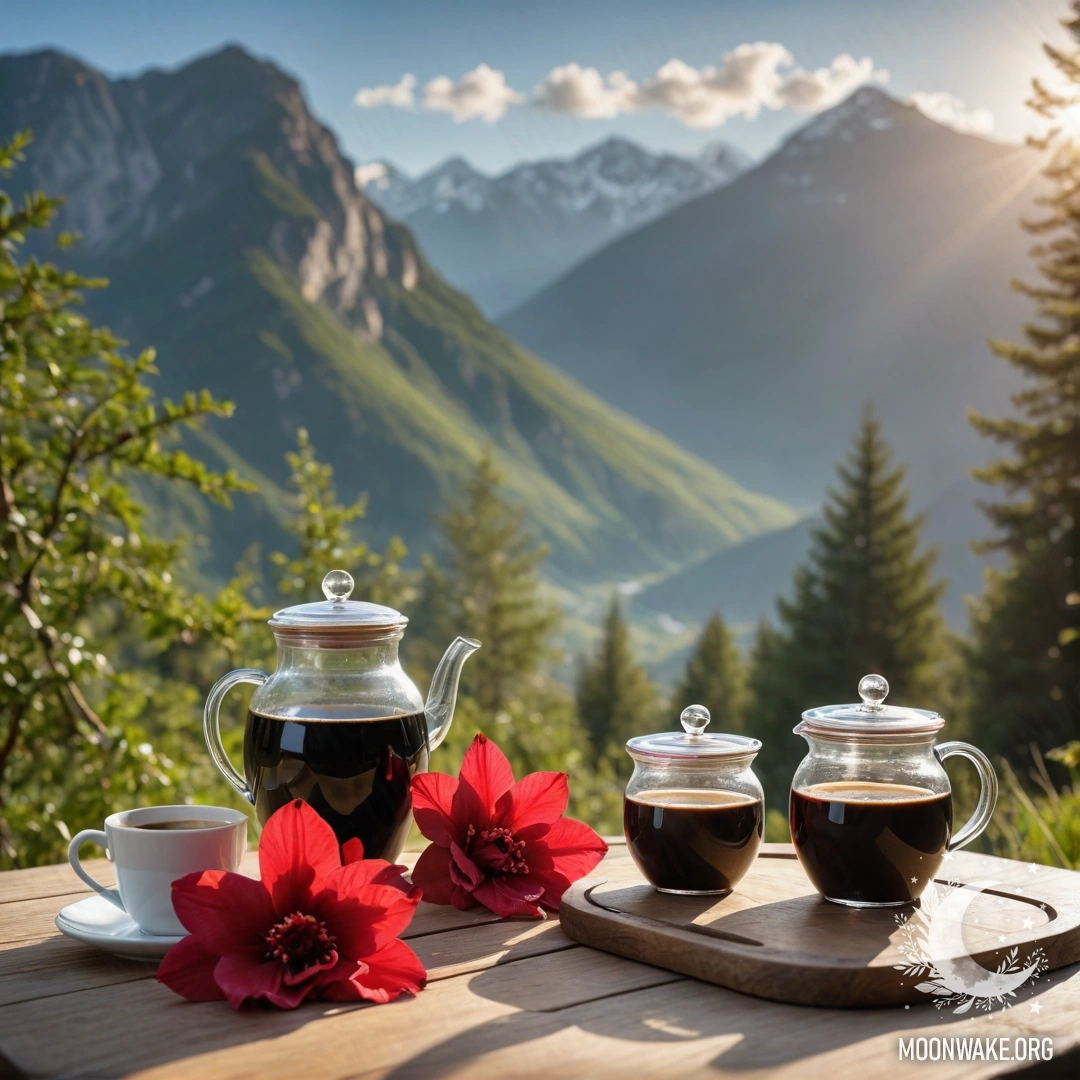 Деревянный стол на фоне гор, на котором ваза с цветами и кофейник.