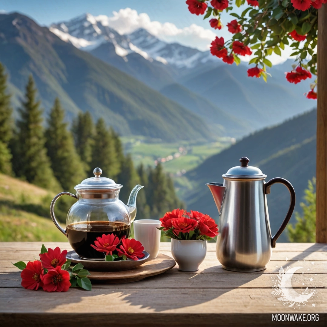 Романтический деревянный стол на фоне гор, украшенный банкой с красными цветами и кофейником с чашками, подсвеченными гирляндами.