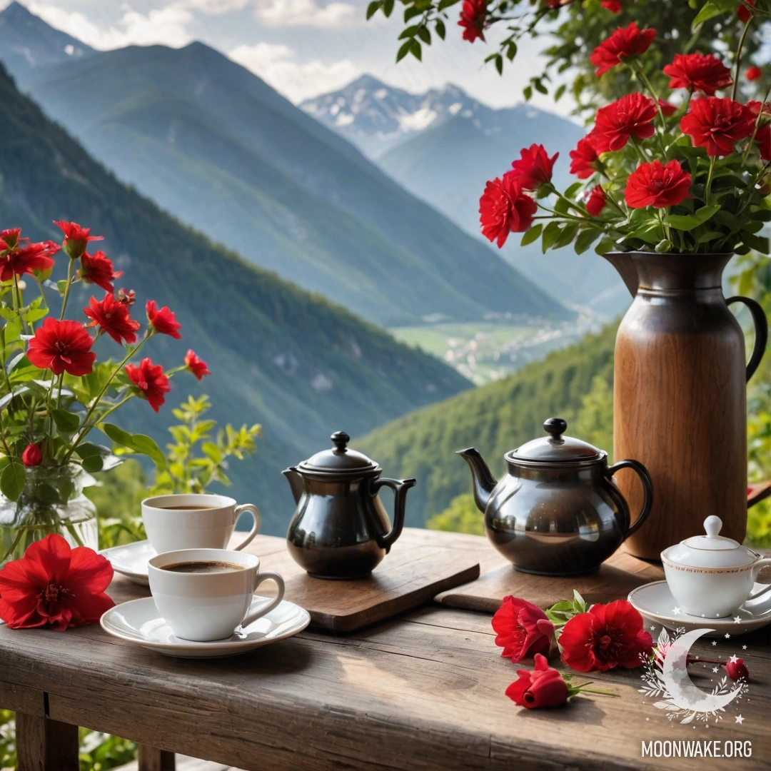 Деревянный стол на фоне гор, на котором находится банка с красными цветами, кофейник и чашки.