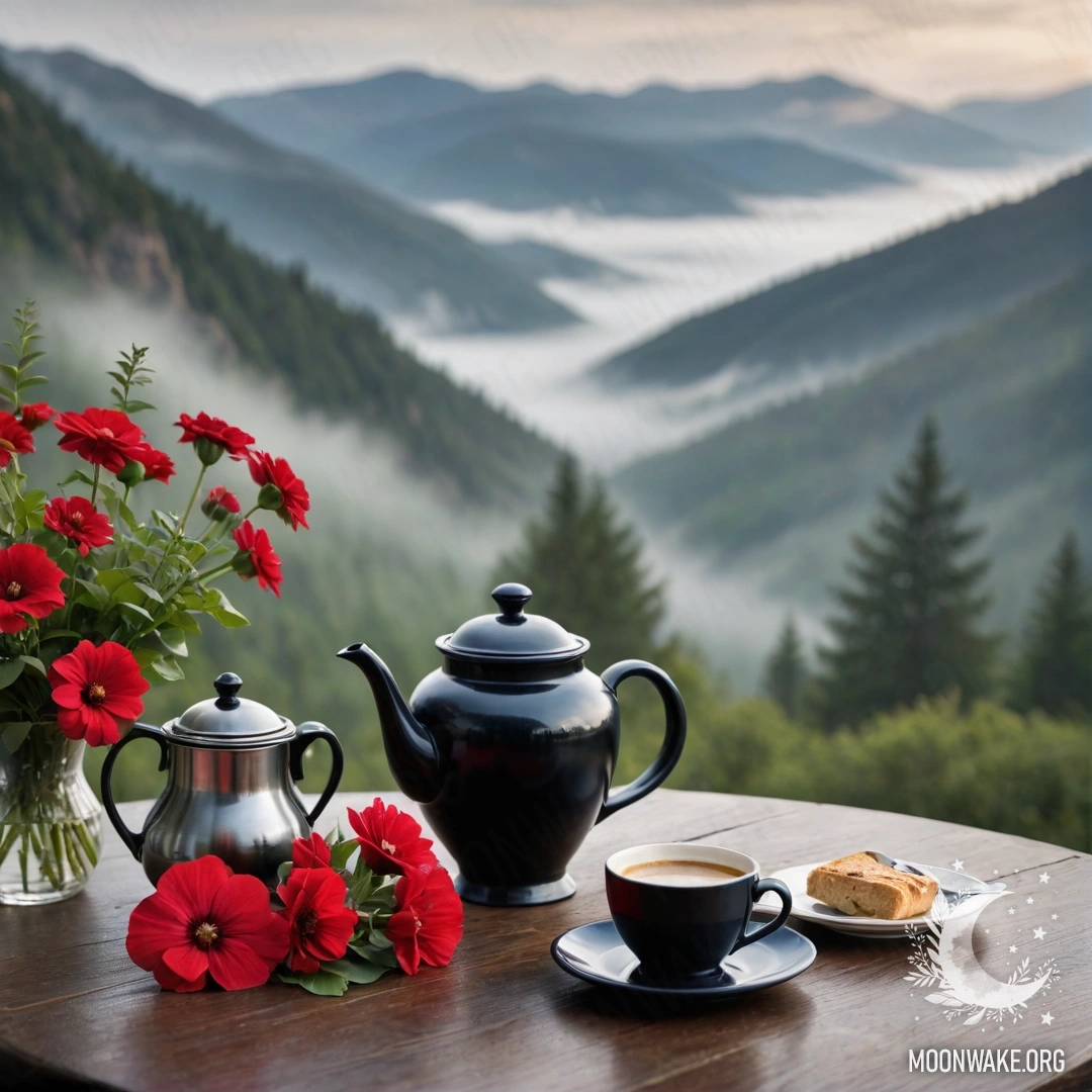 Деревянный стол с красными цветами, кофейником и чашками, покрытый густым туманом на фоне гор.