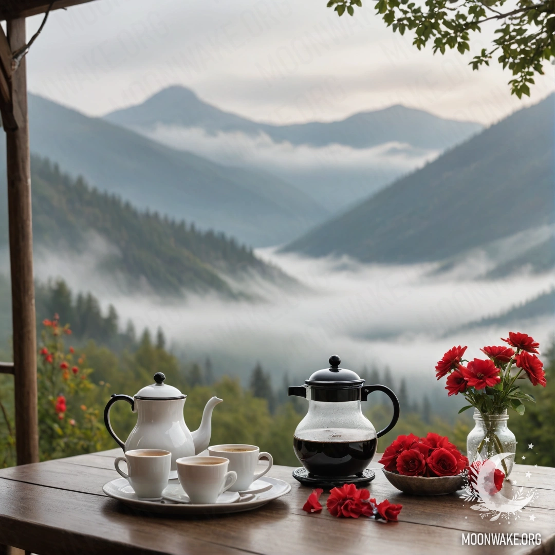 Деревянный стол с банкой красных цветов, кофейником и чашками на фоне гор в густом тумане.