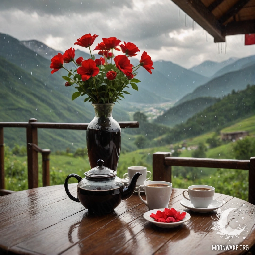 Деревянный столик с банкой красных цветов, кофейником и чашками на фоне гор под дождем.