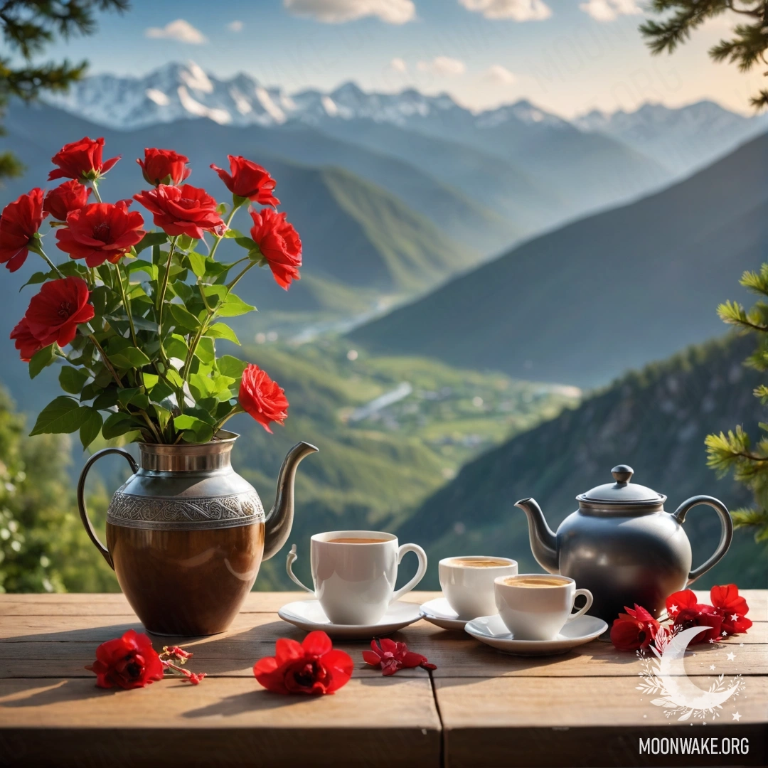 Деревянный стол, украшенный банкой с красными цветами, кофейником и чашками, на фоне гор.
