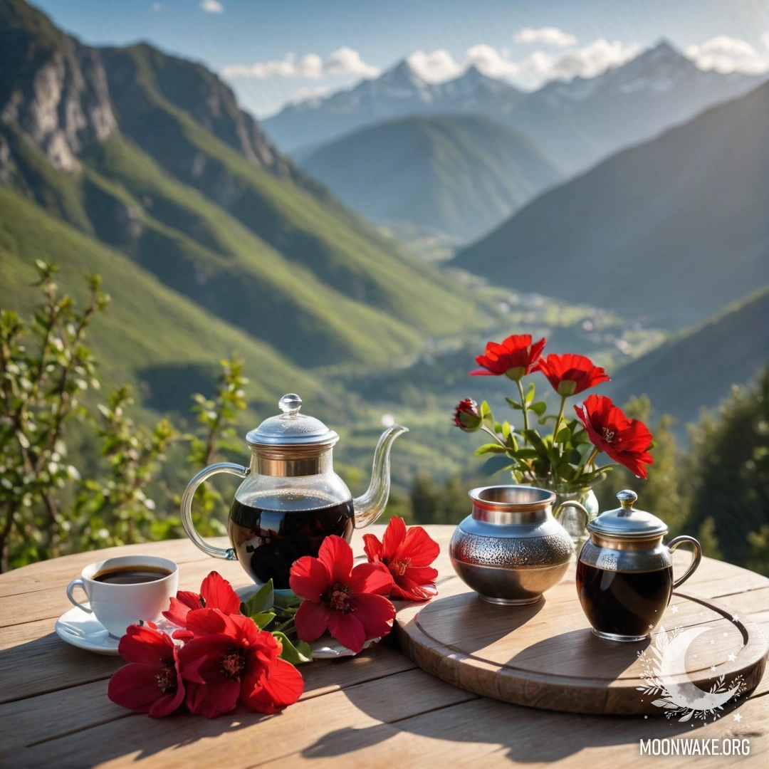 Фотореалистичное изображение деревянного стола с красными цветами, кофейником и чашками на фоне гор, освещенное солнечными лучами.