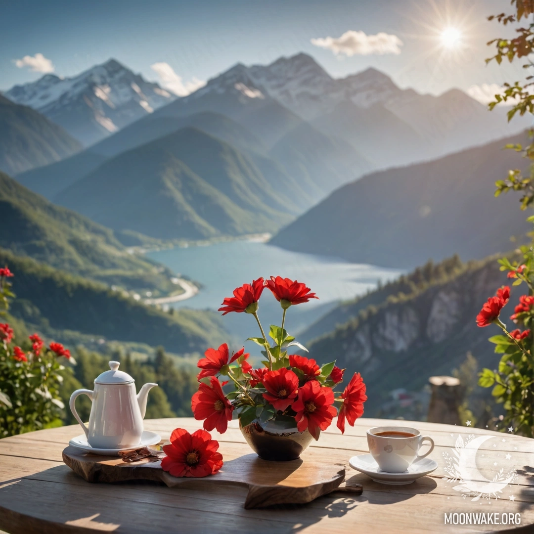 Живописный деревянный стол с банкой красных цветов, кофейником и чашками на фоне гор, залитых солнечными лучами.