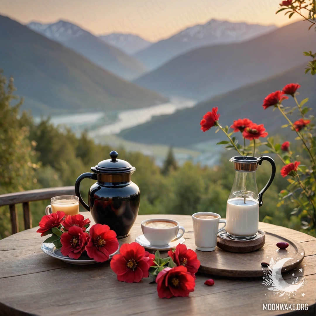 Романтичный деревянный стол с банкой красных цветов, кофейником и чашками на фоне гор на закате.