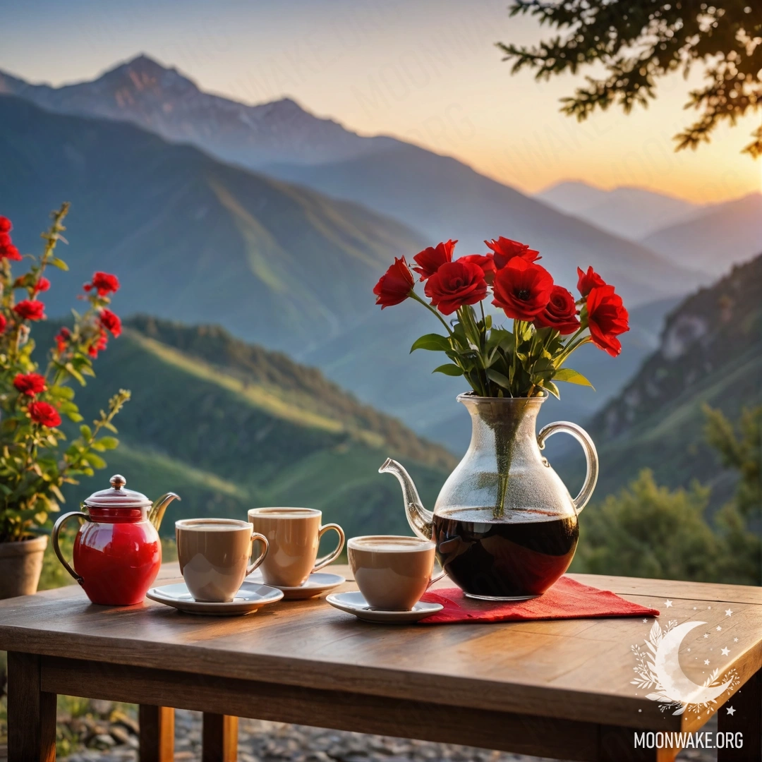 Романтический деревянный стол с банкой красных цветов, кофейником и чашками на фоне гор на закате.