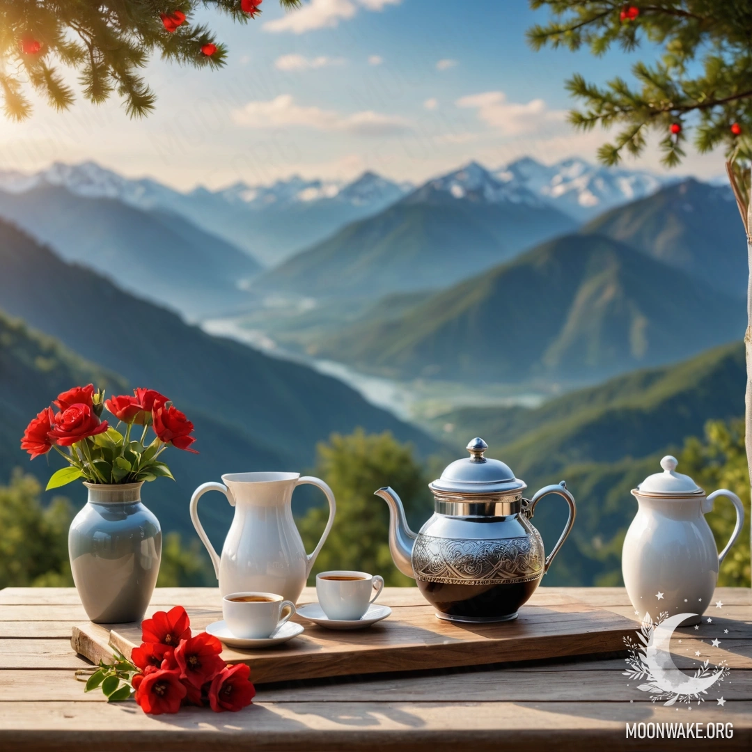 Романтичный деревянный стол с банкой красных цветов, кофейником и чашками на фоне гор.