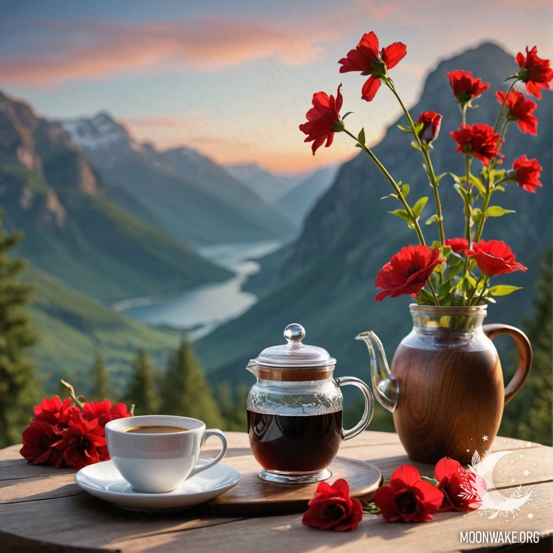 Деревянный стол с банкой красных цветов, кофейником и чашками на фоне гор во время заката.