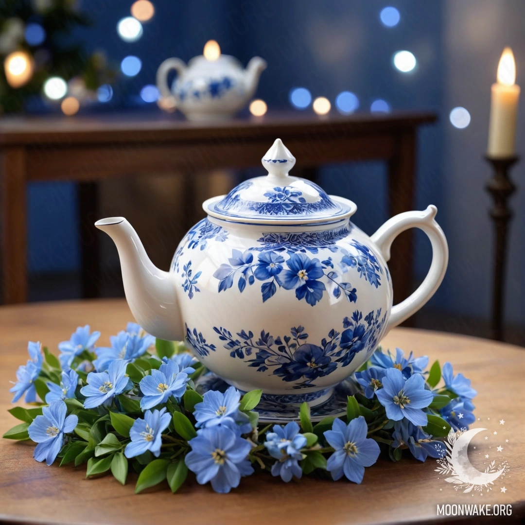 Круглый деревянный стол с фарфоровым чайником, наполненным голубыми цветами, украшенный гирляндой огней.