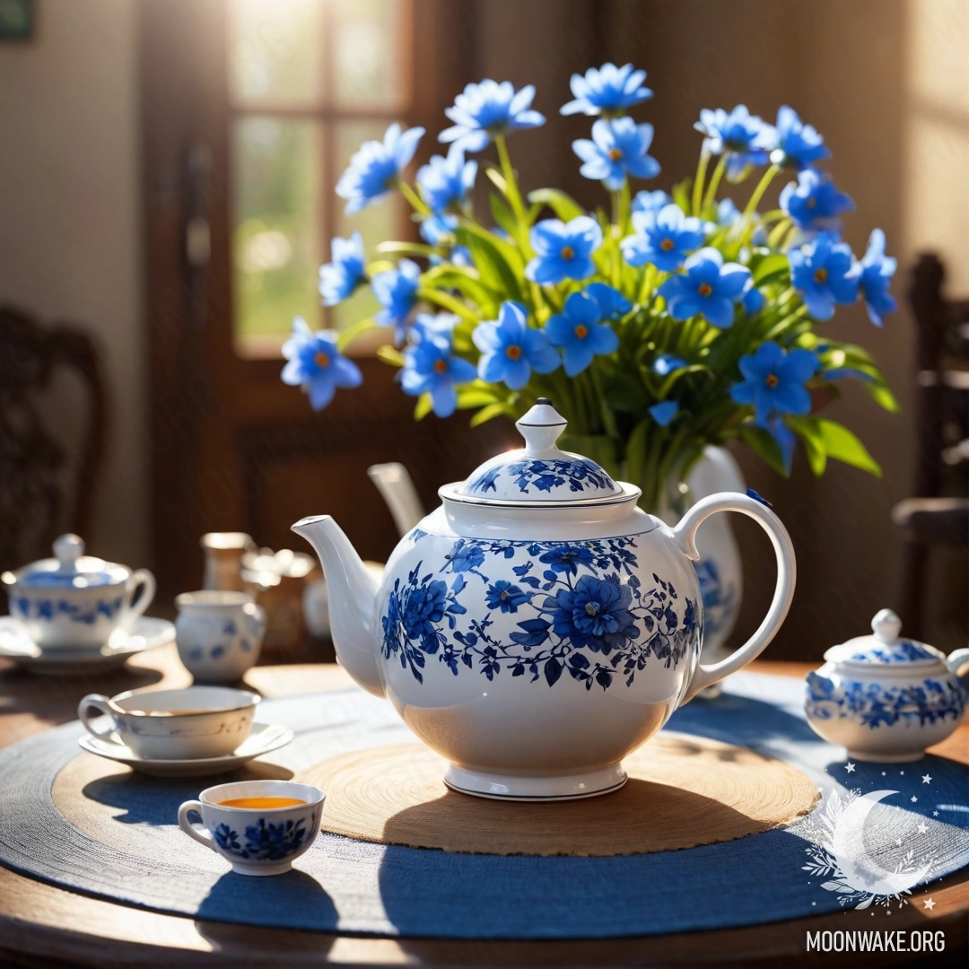 Круглый деревянный стол с фарфоровым чайником, наполненным синими цветами, омытым мягким солнечным светом.