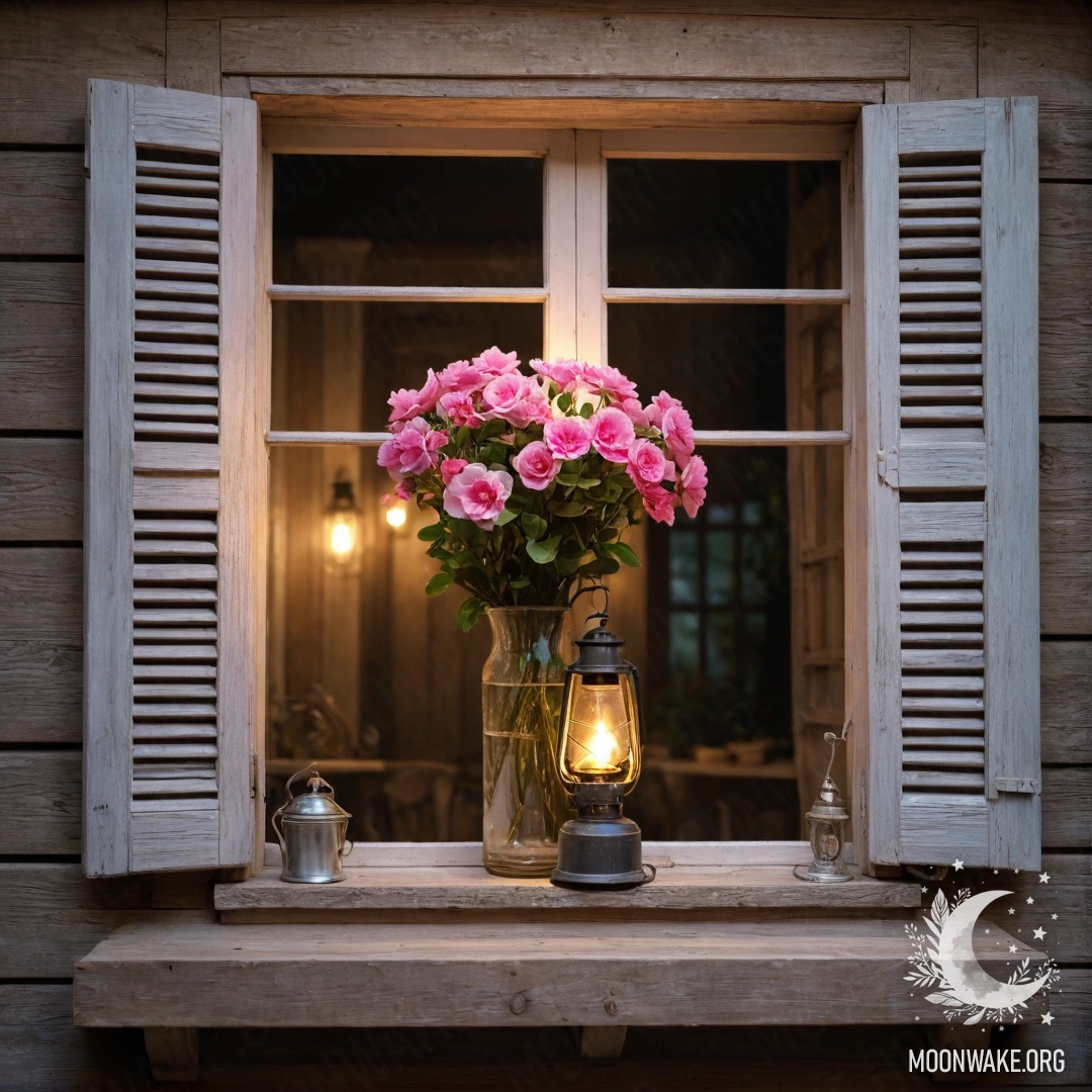 Потрёпанное временем деревянное окно с ставнями, украшенное розовыми цветами и висящей над ним керосиновой лампой.