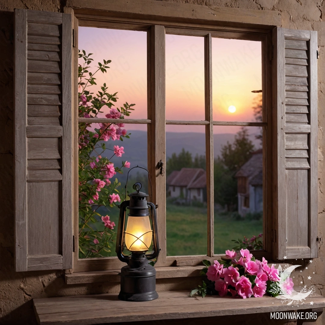 Старое деревянное окно с ставнями и керосиновой лампой над ним, окруженное розовыми цветами на фоне закатного неба.