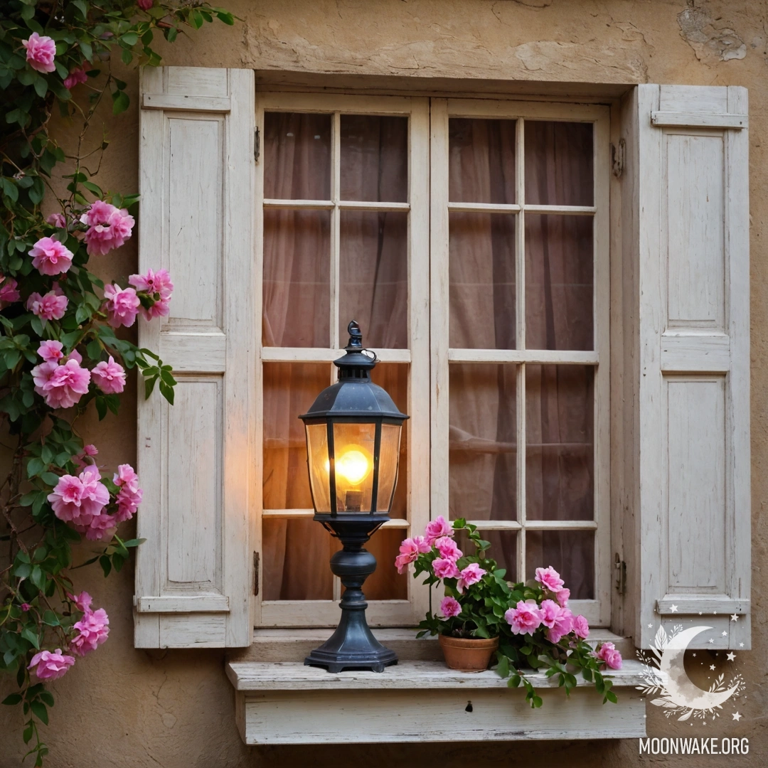 Старое деревянное окно с розовыми цветами и керосиновой лампой.