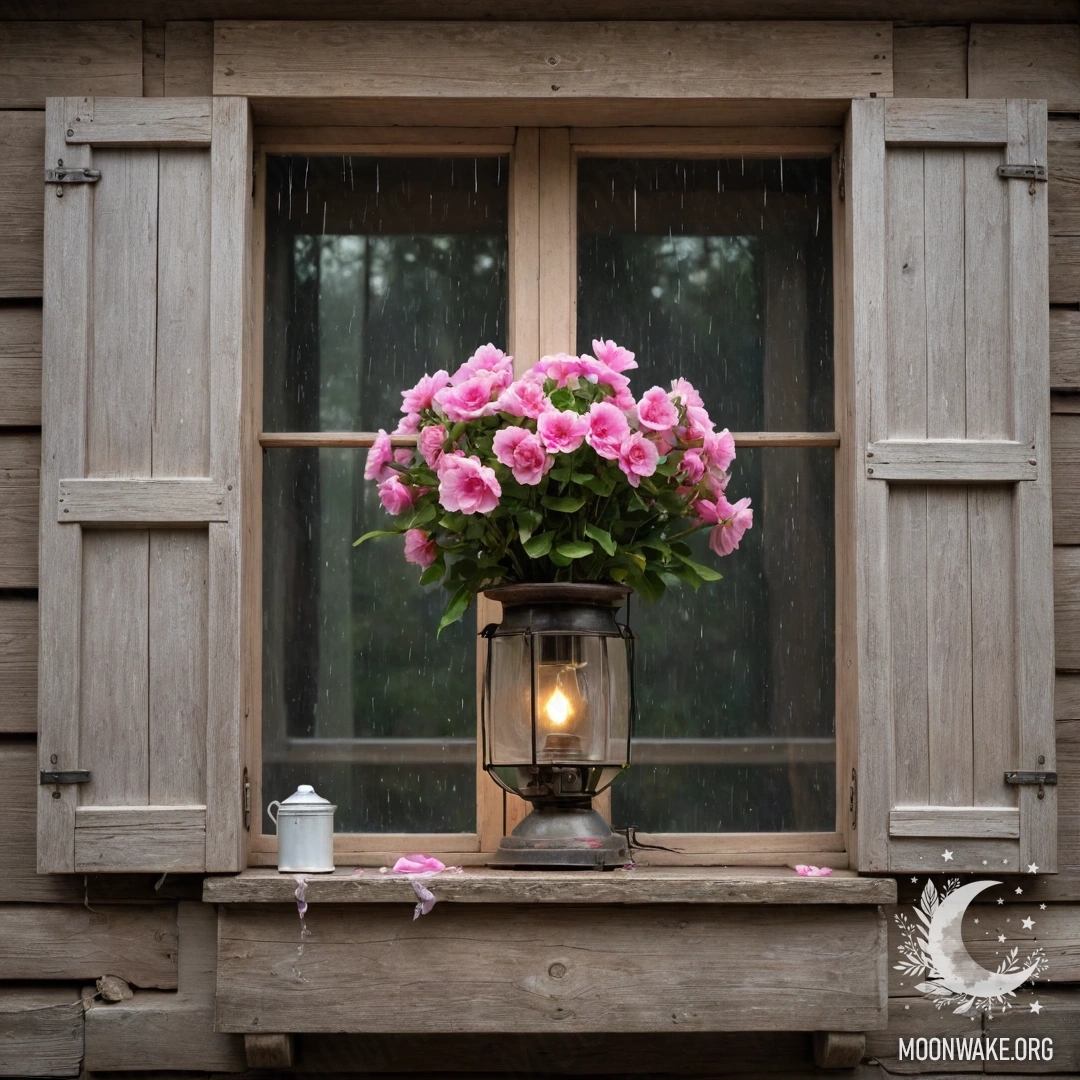 Старое деревянное окно с заслонками, керосиновая лампа над ним и ветка с розовыми цветами, обвивающая его под дождем.