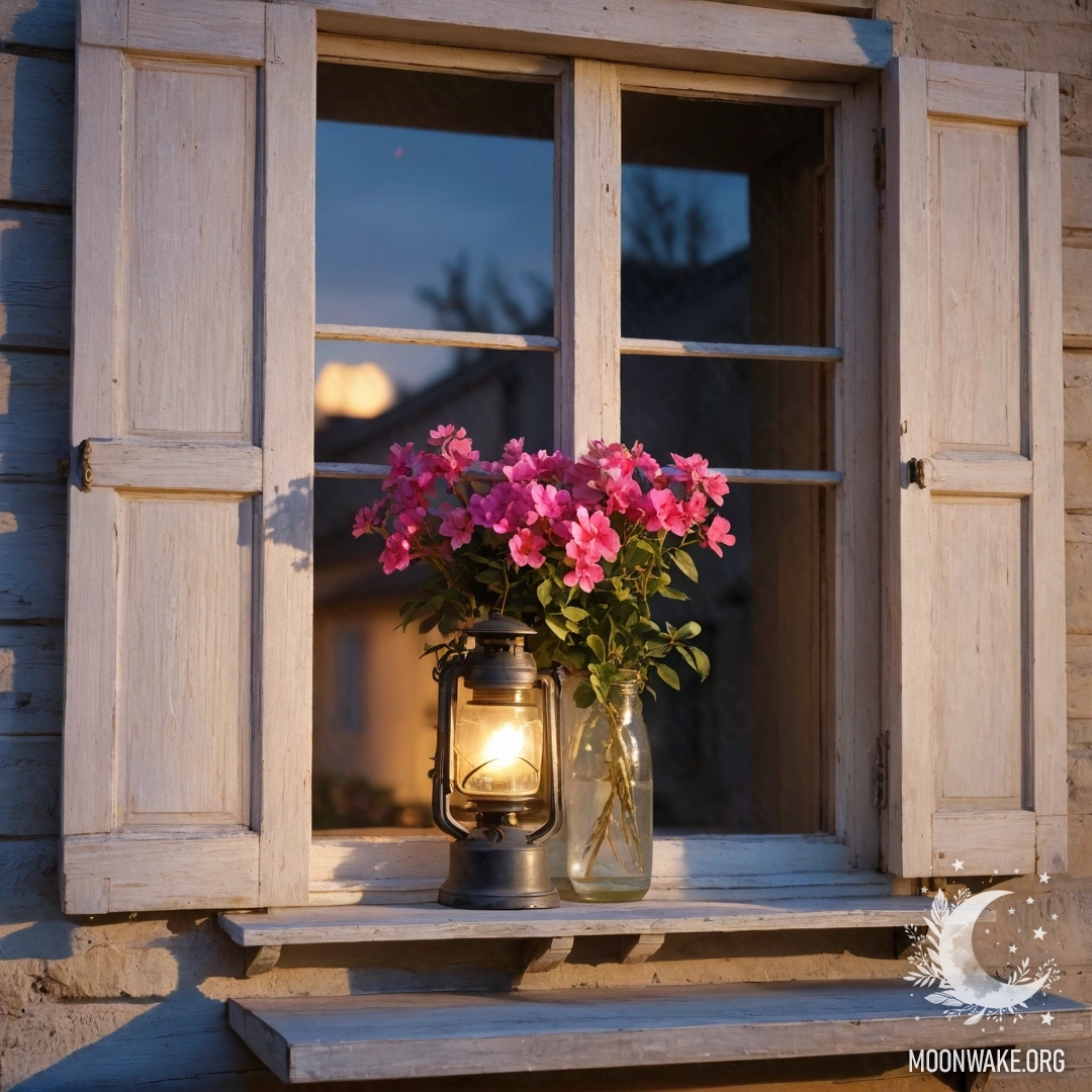 Старое деревянное окно с ставнями и керосиновой лампой над ним, окруженное веткой с розовыми цветами на закате.