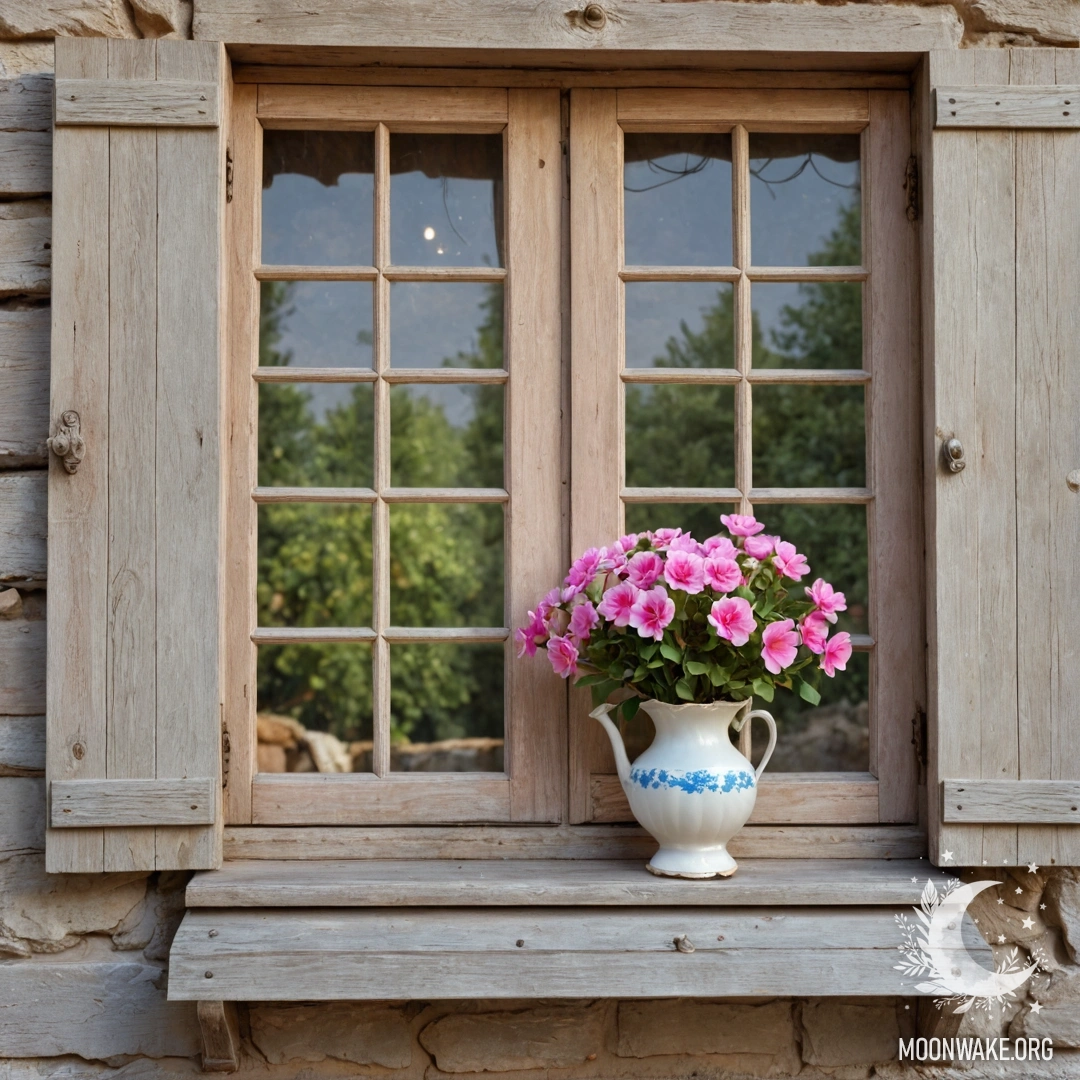 Старое деревянное окно с ставнями, керосиновая лампа и розовые цветы.