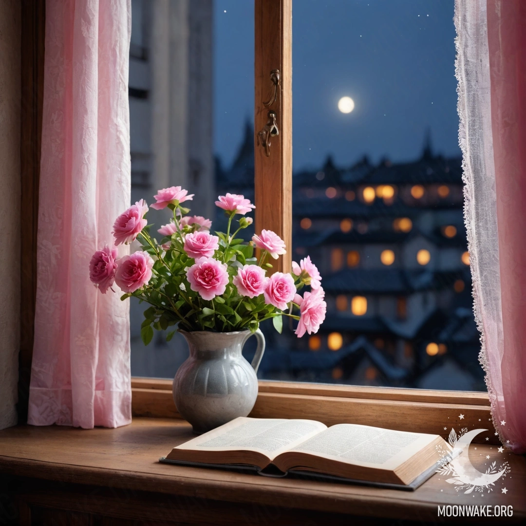 Деревянный подоконник с потертой старой книгой, серой вазой с розовыми цветами и розовой шторами ночью.