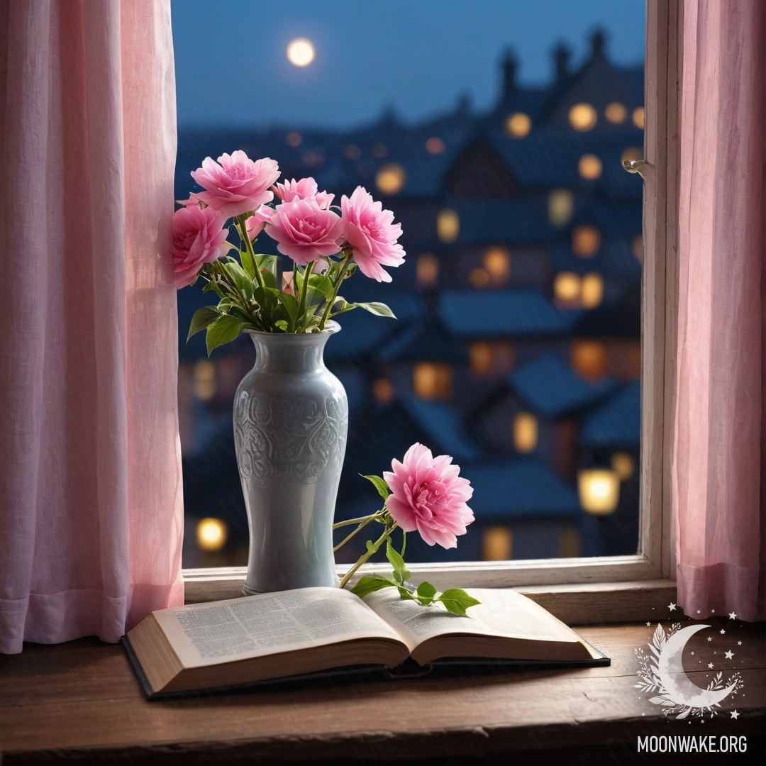 Старинная потрепанная книга и серый вазон с розовыми цветами на подоконнике ночью.
