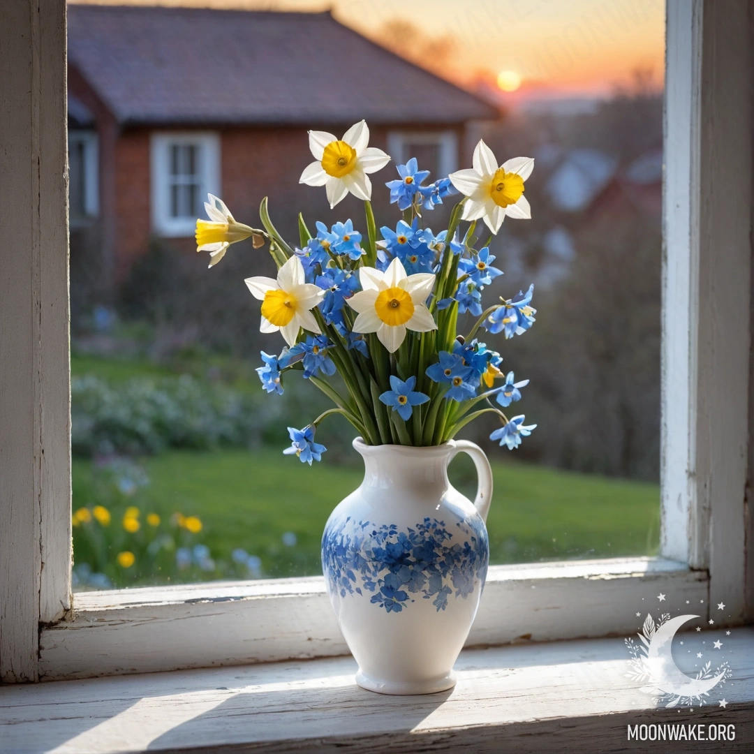 Старый shabby деревянный подоконник, украшенный белой фарфоровой вазой с нарциссами и незабудками на закате.
