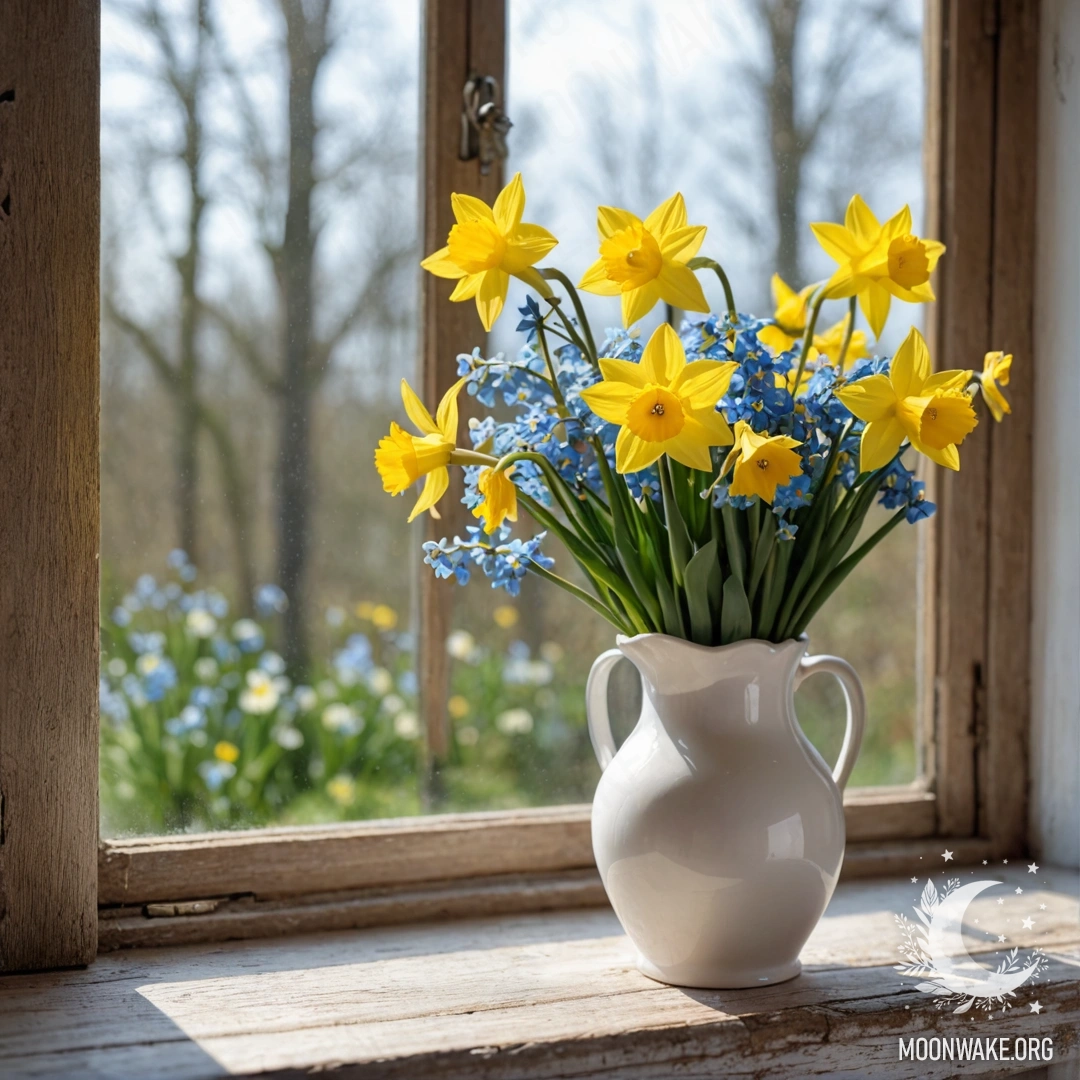 Старый, потёртый деревянный подоконник, украшенный белой вазой с нарциссами и незабудками.